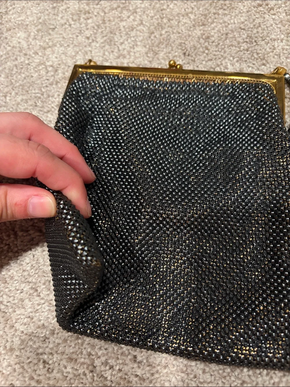 Vintage Whiting & Davis Metal Mesh Black Gold Evening Bag Copper Satin Lining